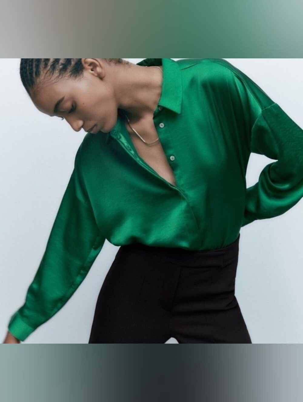 Satin Forest Green Long-Sleeve Blouse - Women's